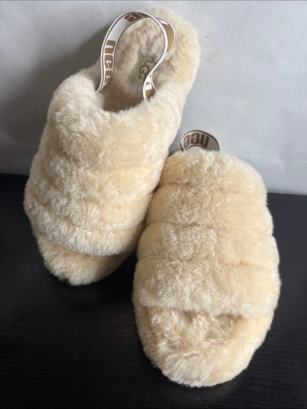 UGG Plush Shearling Slide Slippers in Cream